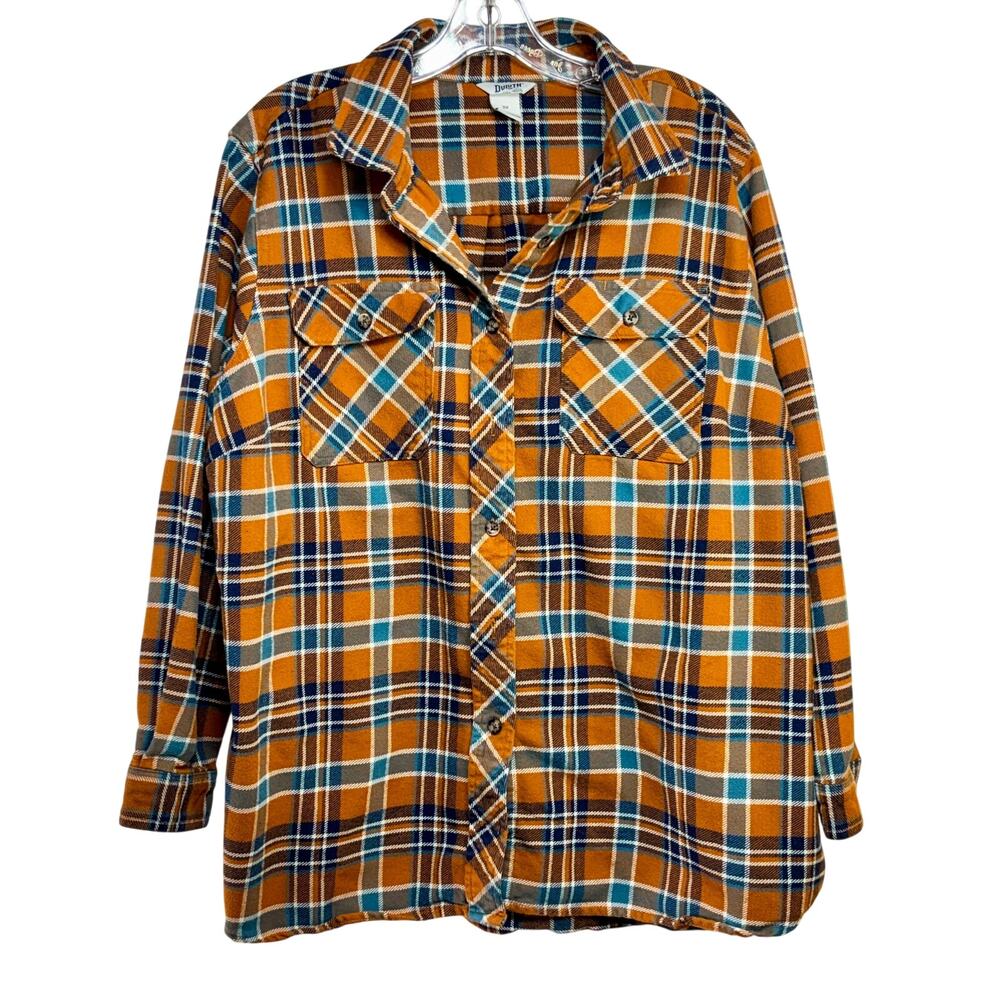 Duluth Trading Women's Plus Folklore Flannel Shirt Size 2X Orange Blue Plaid 20W